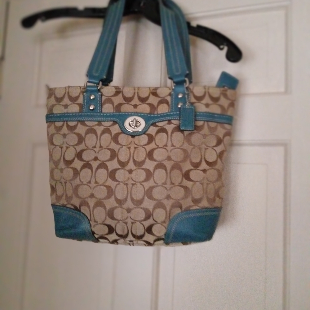 Coach Tan Signature Cs Canvas bag with Ocean Blue leather accents shoulder bag